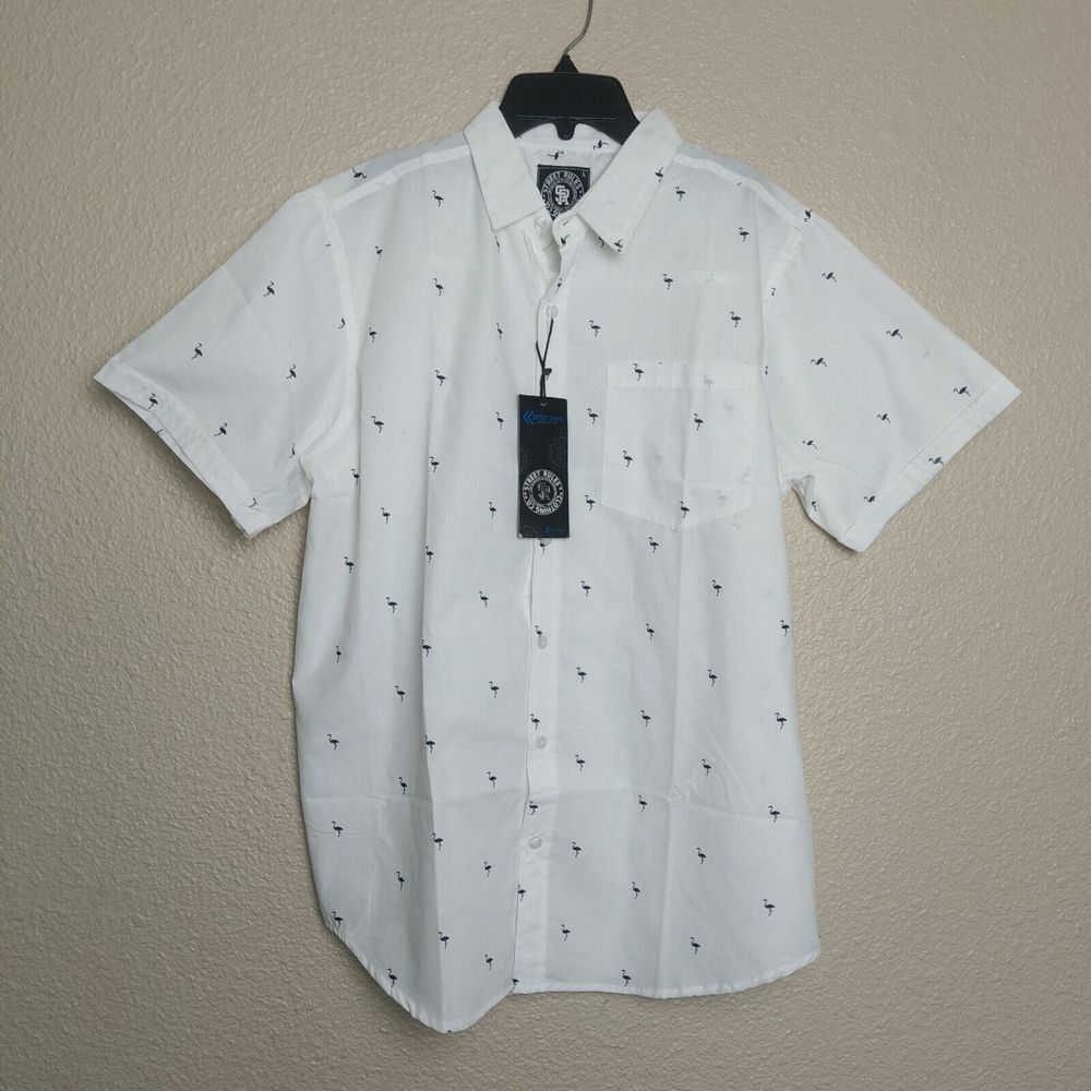 nwt Men's Short Sleeve Tropical Hawaiian Flamingos Shirt with Buttons White Sz L